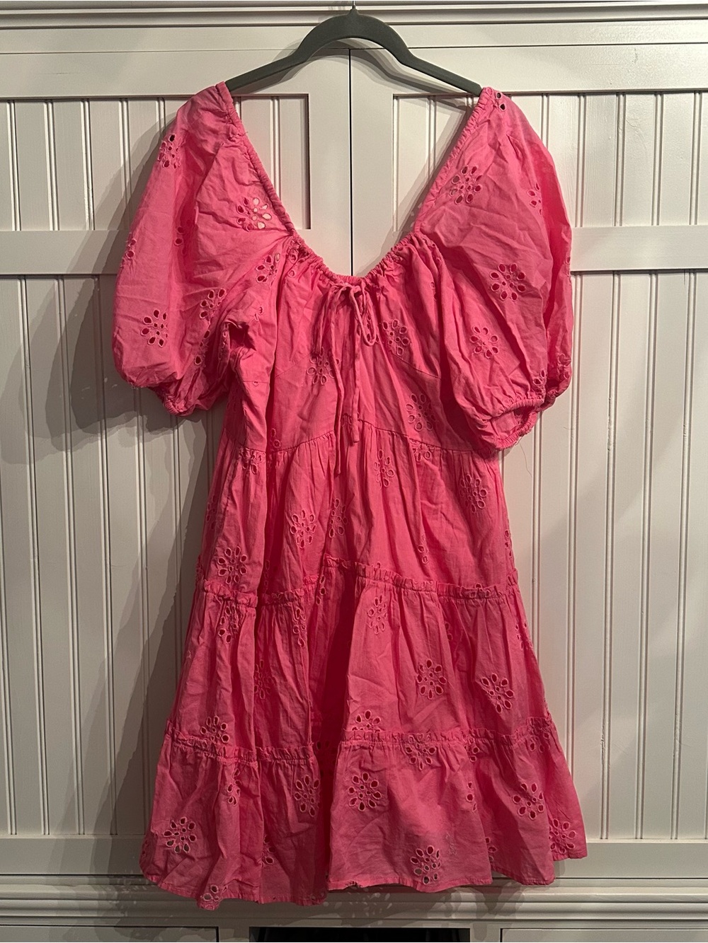 Savida Bright Pink Puff-Sleeve Off-the-Shoulder Eyelet Dress XL NWT